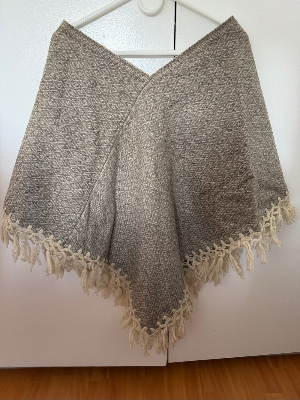 Textured Diamond Knit Poncho with Fringe